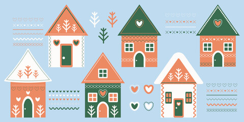 Set of Scandinavian style houses decorated with geometric elements and ribbon-style patterns including zigzags, waves, hearts. Collection Christmas or spring elements.