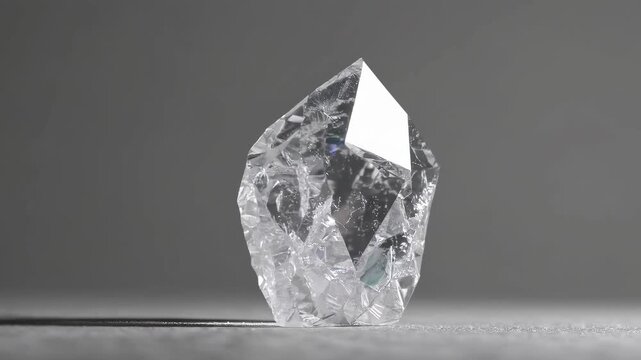 single raw quartz crystal or gemstone stands on a neutral background, slowly rotating on its axis