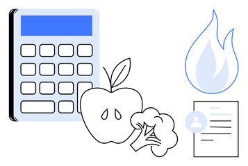 Nutrition tracking, calorie calculator, diet planning, wellness management, health data, metabolism. Apple, broccoli calculator flame and health document graphic. Nutrition tracking and calorie