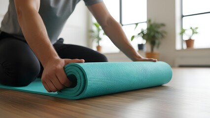 Person Rolling Yoga Mat for Exercise at Home.