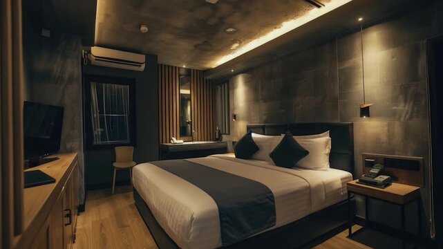 Video A standard hotel room with a single bed and a work desk, suitable for corporate or travel use