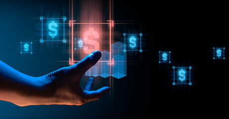 hand of businessman interactive touching a holographic financial money dollar system network and...
