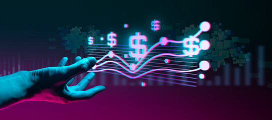hand of businessman interactive touching a holographic financial money dollar system network and...