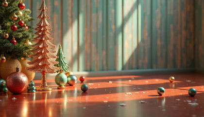 Festive Christmas tree decorations and ornaments scattered on a wooden floor with sunlight