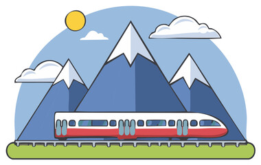 A modern high speed train travels through a scenic mountain landscape vector illustration