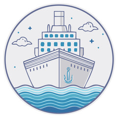 Obraz premium Ship on Wavy Seas with Clouds and Stars in a Blue Circle, Cruise, Travel, Voyage, Adventure, Maritime, Ocean, Boat, and Nautical