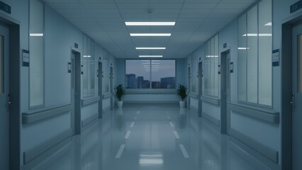Modern Hospital Corridor with Medical Equipment and Lighting.