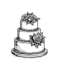 Simple hand drawn wedding cake sketch, engraved sweet food illustration.