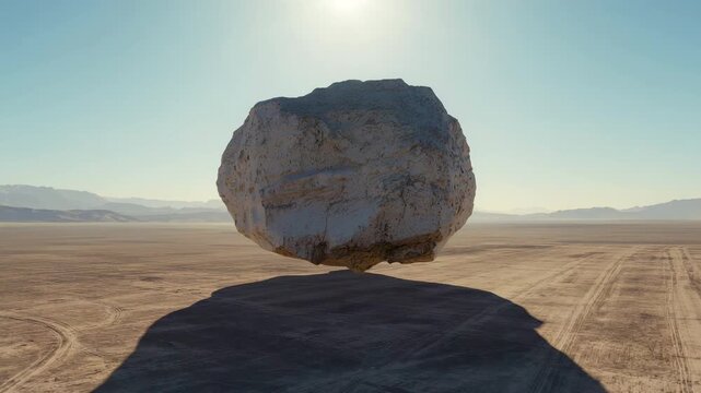 Large solitary rock balanced on flat desert ground casting long shadow in open landscape