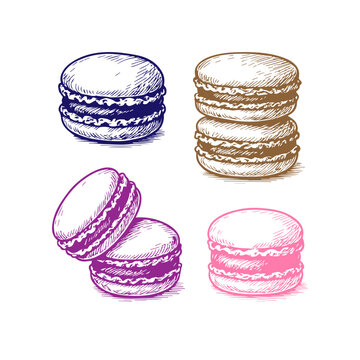 Simple hand drawn macaroon cookie set sketch, engraved sweet food illustration.