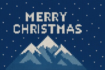 Cozy Winter Wonderland: A Festive Knitted Design Featuring 'Merry Christmas' Surrounded by Majestic Mountains and Snowflakes