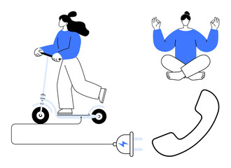 Sustainability, wellness, communication, electric mobility, meditation, lifestyle balance. A person rides an electric scooter another meditates. Focus on electric mobility and wellness concepts