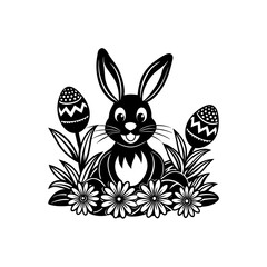 A black and white illustration of an Easter bunny surrounded by flowers and decorated Easter eggs.