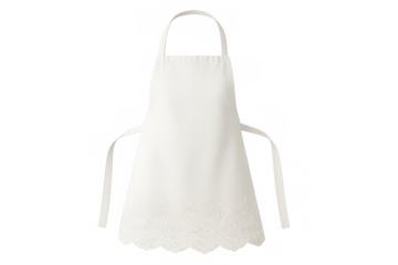 White chef apron with lace trim and scalloped hem, cooking and baking garment, professional kitchen uniform
