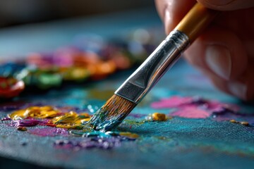 Obraz premium Stock images Hand dipping paintbrush in pastel paint on canvas