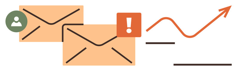Envelopes with alert icons, user symbol, upward arrow, and lines conveying email alerts, audience engagement, productivity, data growth. Ideal for communication, marketing analytics workplace