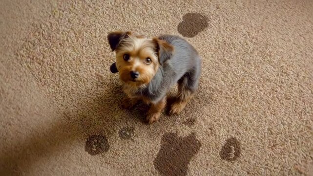 Small dog standing on carpet floor surrounded by wet paw prints indoors