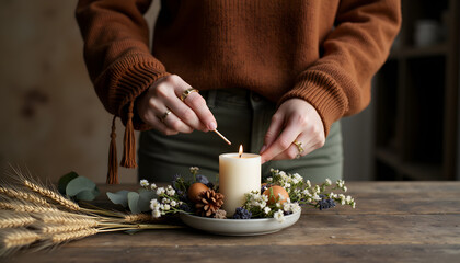 Woman lighting a candle with a match, surrounded by rustic autumn decor