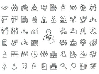 Business icons set with people, documents, charts, and technology symbols for presentations and reports isolated on transparent background