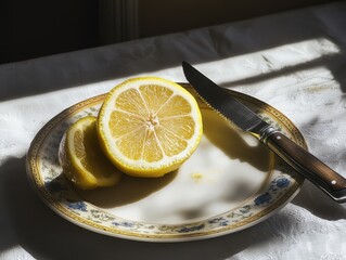 A sliced lemon on the plate and a knife on the side.