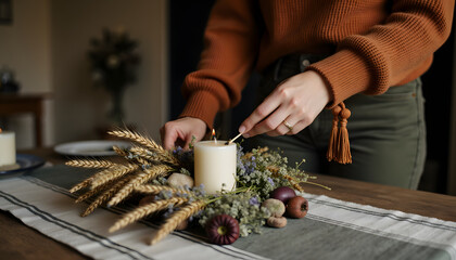 Woman lighting a rustic candle centerpiece with wheat and dried flowers on a table