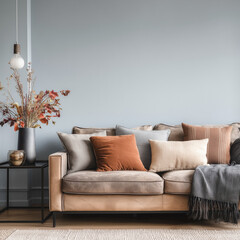 minimalist living room interior with beige sofa and warm tones