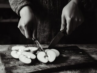 An apples slide on the kitchen board.