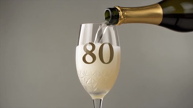Glass engraved with the number 80. Champagne bottle fills the glass with alcohol. Celebrating milestone, anniversary or birthday
