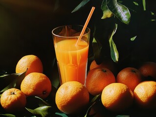 A mandarines and mandarine juice in the glass.