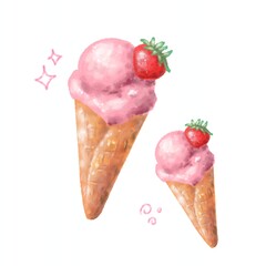 Delicious strawberry ice cream cone watercolor artwork