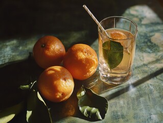 A mandarines and a glass of mandarine juice, 