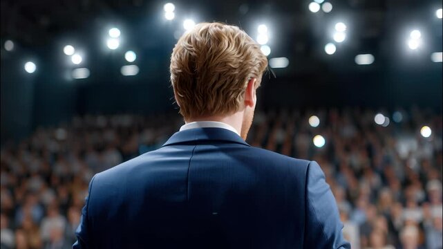 Businessman giving presentation at corporate training event, addressing large audience in modern auditorium video 4k