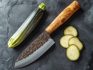 A zucchini sliced on the kitchen board.