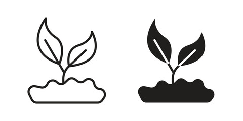 Fototapeta premium Plant icons. Solid black silhouette and line art outline. Minimal design element,