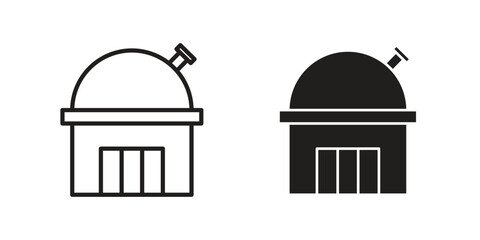 Planetarium icons. Solid black silhouette and line art outline. Minimal design element,