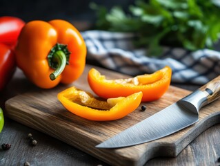 An yellow pepper on the kitchen board.