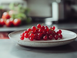 A red currants on the plate in the kitchen.