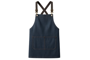 Blue denim apron with criss-cross straps, uniform workwear for cafe, kitchen, restaurant, chef, artist, barber, cobbler