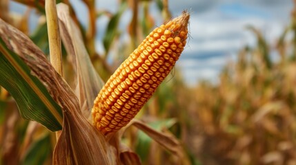 A close view of a corn ear growing in a field shows its orange kernels against green leaves. The sky is cloudy and other corn plants are present. This scene captures summer in agriculture.