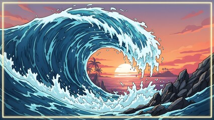 Sunset Over Ocean Waves with Rocky Shore.