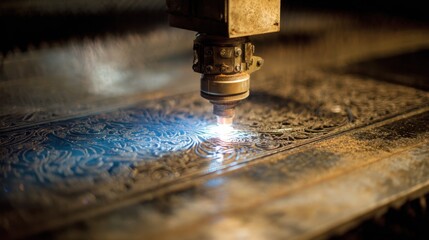 Laser machine cuts intricate designs on metal surface during workshop demonstration in industrial setting