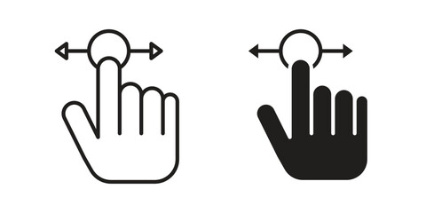 Fototapeta premium Push to slide right and left gesture icons. Solid black silhouette and line art outline. Minimal design element,