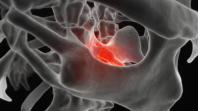 High-end 3D visualization of osteoporosis, highlighting trabecular bone structure in red.