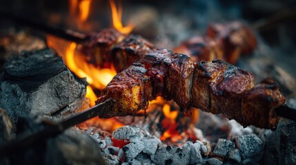 Smoking meat over an open flame on skewers during a gathering in the evening outdoors