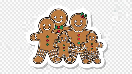 Happy gingerbread cookie family with festive icing decorations, featuring parents and three children, isolated vector illustration for holiday designs
