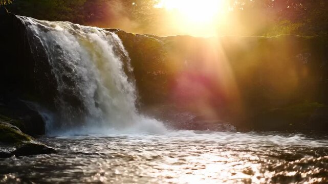 The waterfall cascades powerfully into the pool below, illuminated by the warm sunset glow. This waterfall and sunset create a serene scene that showcases nature's beauty and tranq