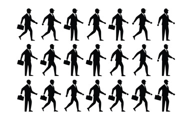 Business Silhouette in Motion: A sequence of business silhouettes in smart attire stride confidently forward, briefcase in hand, symbolizing professional progress and relentless ambition.