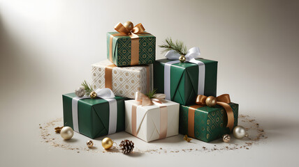 Stacked green and white gift boxes with golden bows on soft background
