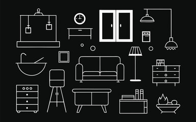 Interior Design Elements Composition: A comprehensive collection of meticulously crafted line art depicting essential furniture and decorative components for interior design.