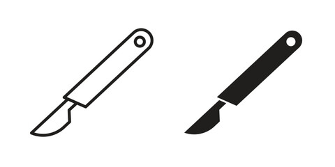 Scalpel icons. Solid black silhouette and line art outline. Minimal design element,